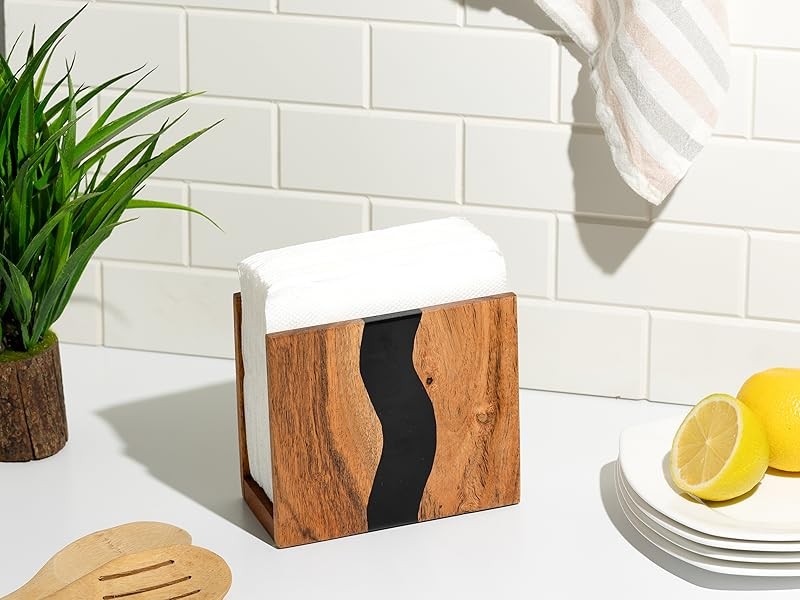 Acacia wood & Transparent Epoxy resin Napkin holder for table, Rustic farmhouse