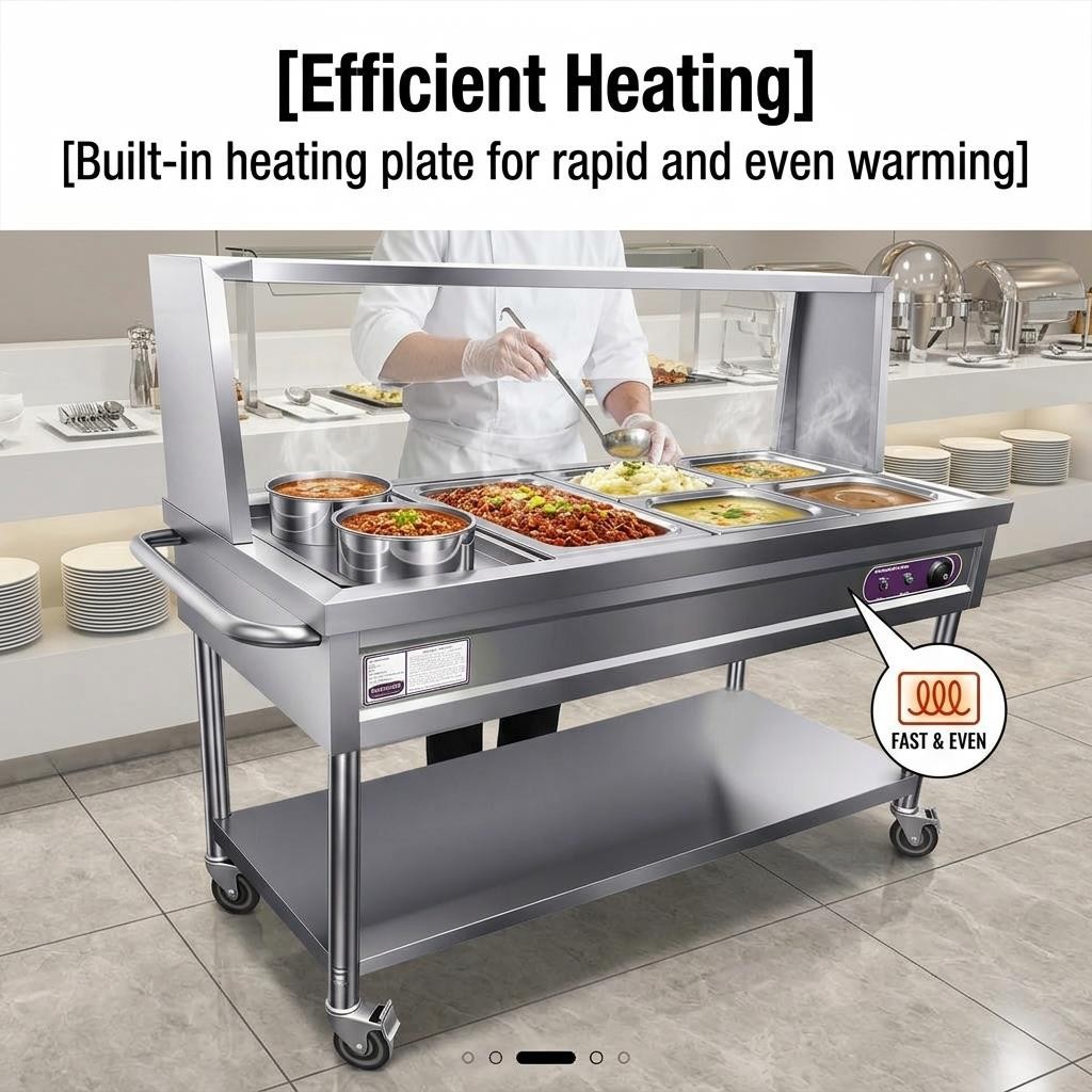 Commercial Food Warmer, 5 Pans + 2 Pots Electric Steam Table with Wheels