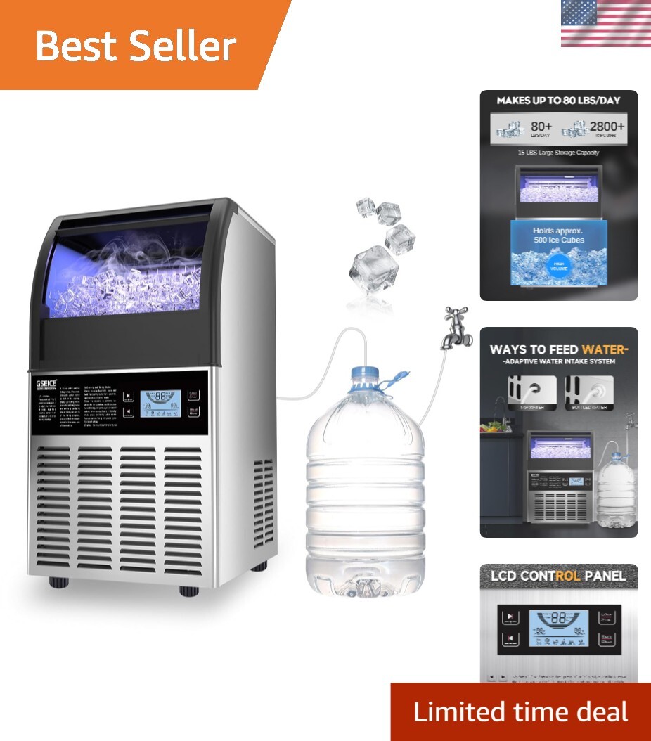 Freestanding Stainless Steel Ice Maker – 80lbs Ice Production, Quiet Operation