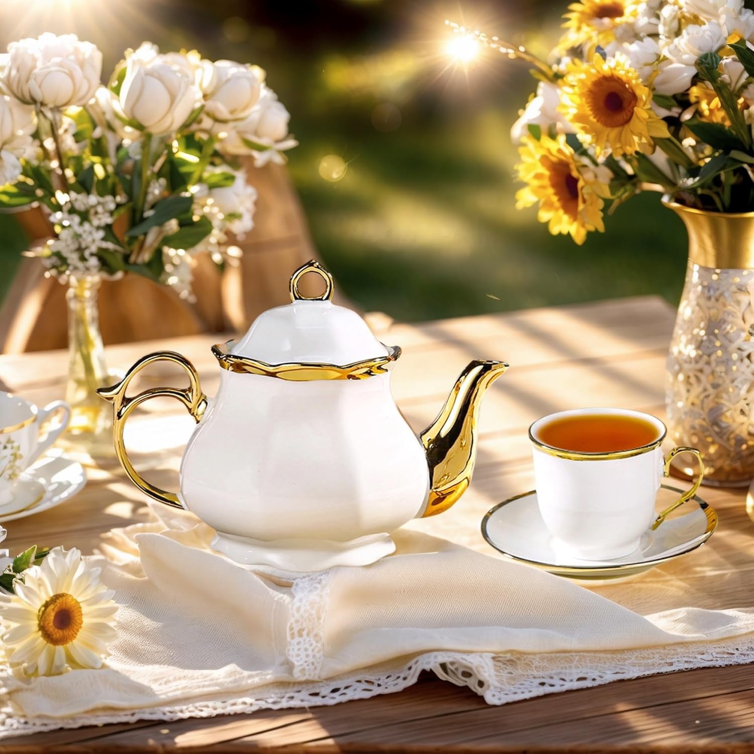 20 Pcs Porcelain Tea Set with Metal Holder, European Ceramic Tea Set for Adults,