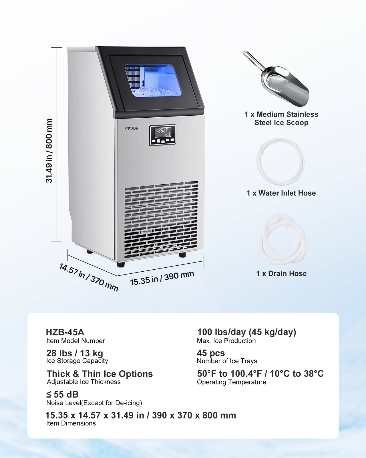 VEVOR Commercial Ice Maker 100lbs/24h Ice Machine 28Lbs Storage Bar Restaurant
