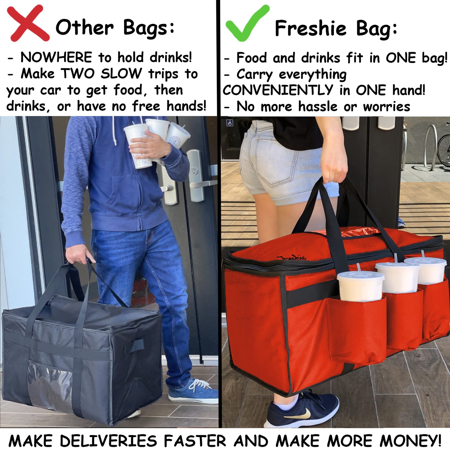 Insulated Food Delivery Bag with Cup Holders for Doordash, Uber Eats