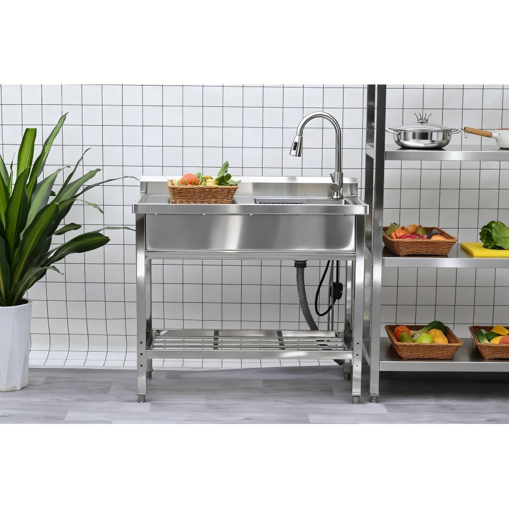 Stainless Steel Sink Freestanding Large Divided Compartments Pull-Out Faucet