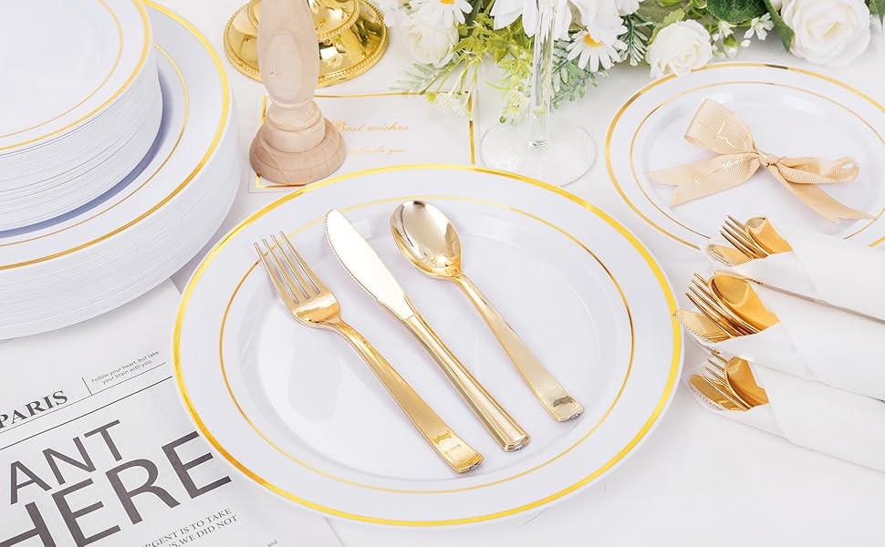 210PCS Gold Plastic Dinnerware Set Gold Plates Disposable Disposable Plates for