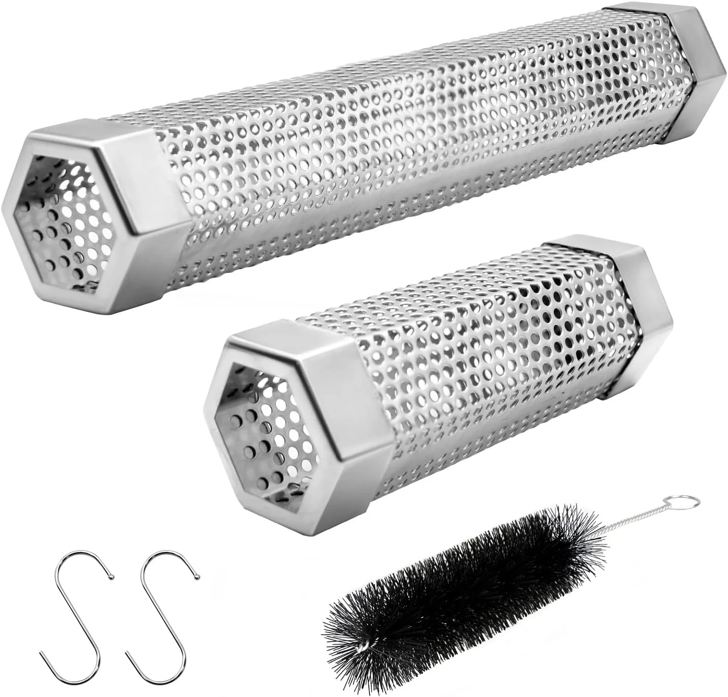 Pellet Smoker Tube Set, 6″ & 12″ Stainless Steel BBQ Wood Smoker Tube with Brush