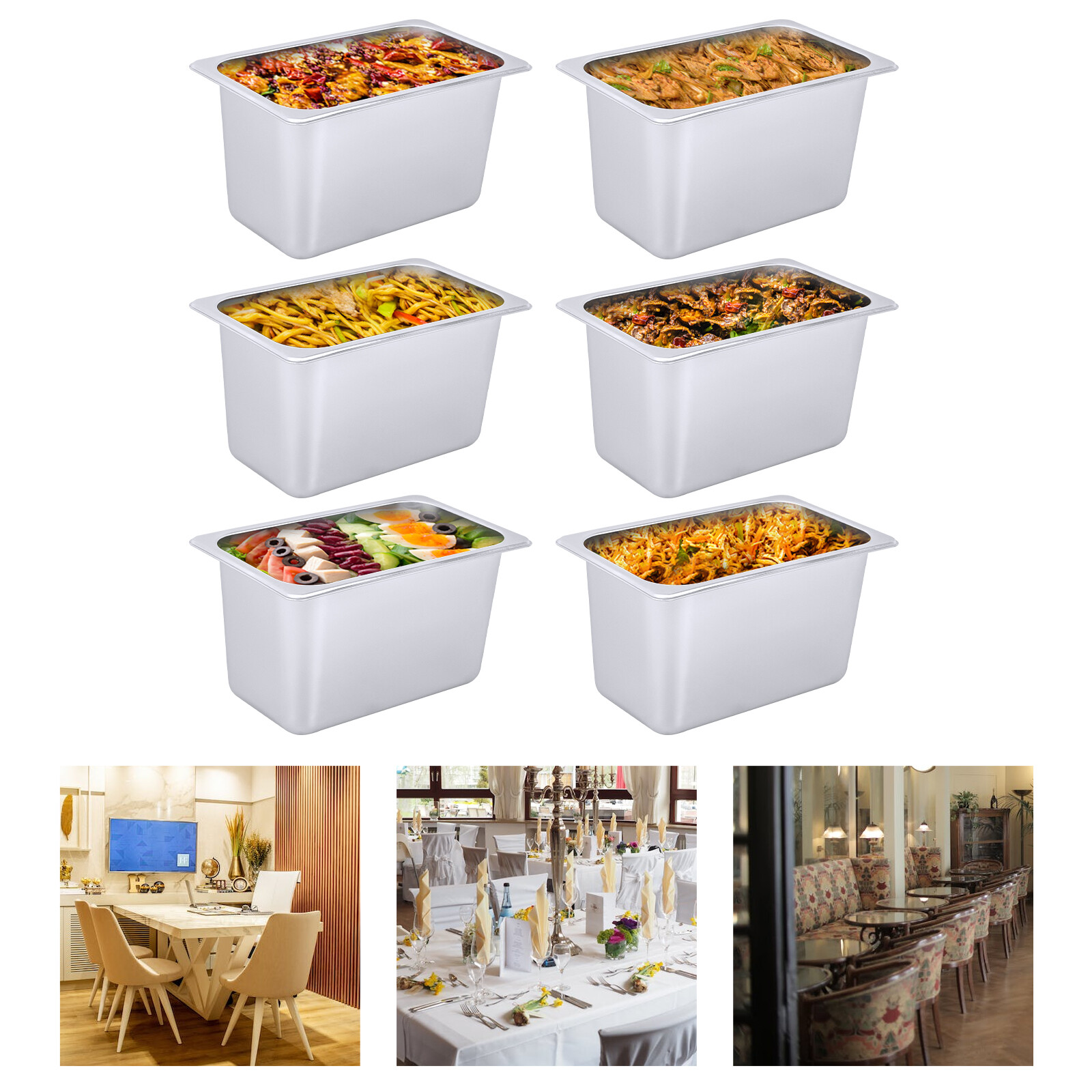6 PACK 1/4 Size 6″ Deep Stainless Steel Steam Prep Table Hotel Buffet Food Pan