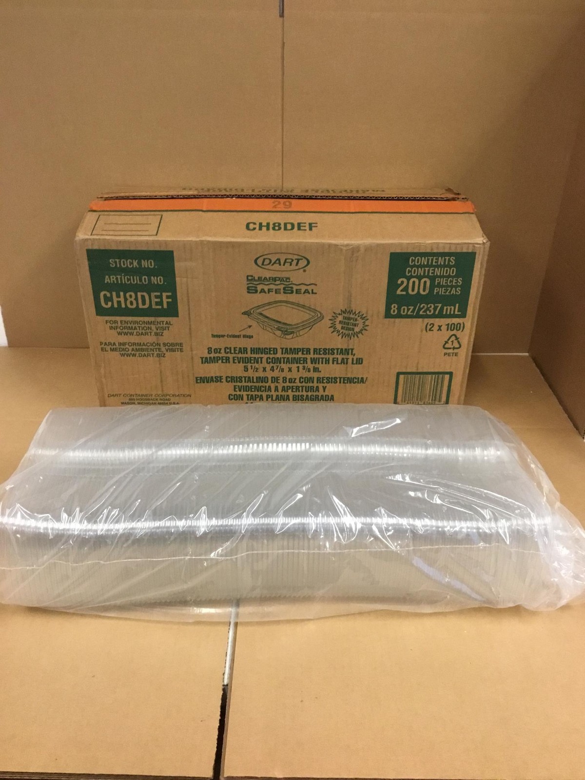 NEW Dart CH8DEF 8oz Tamper-Resistant Clear Hinged Container w/Flat Lid, 200 CT