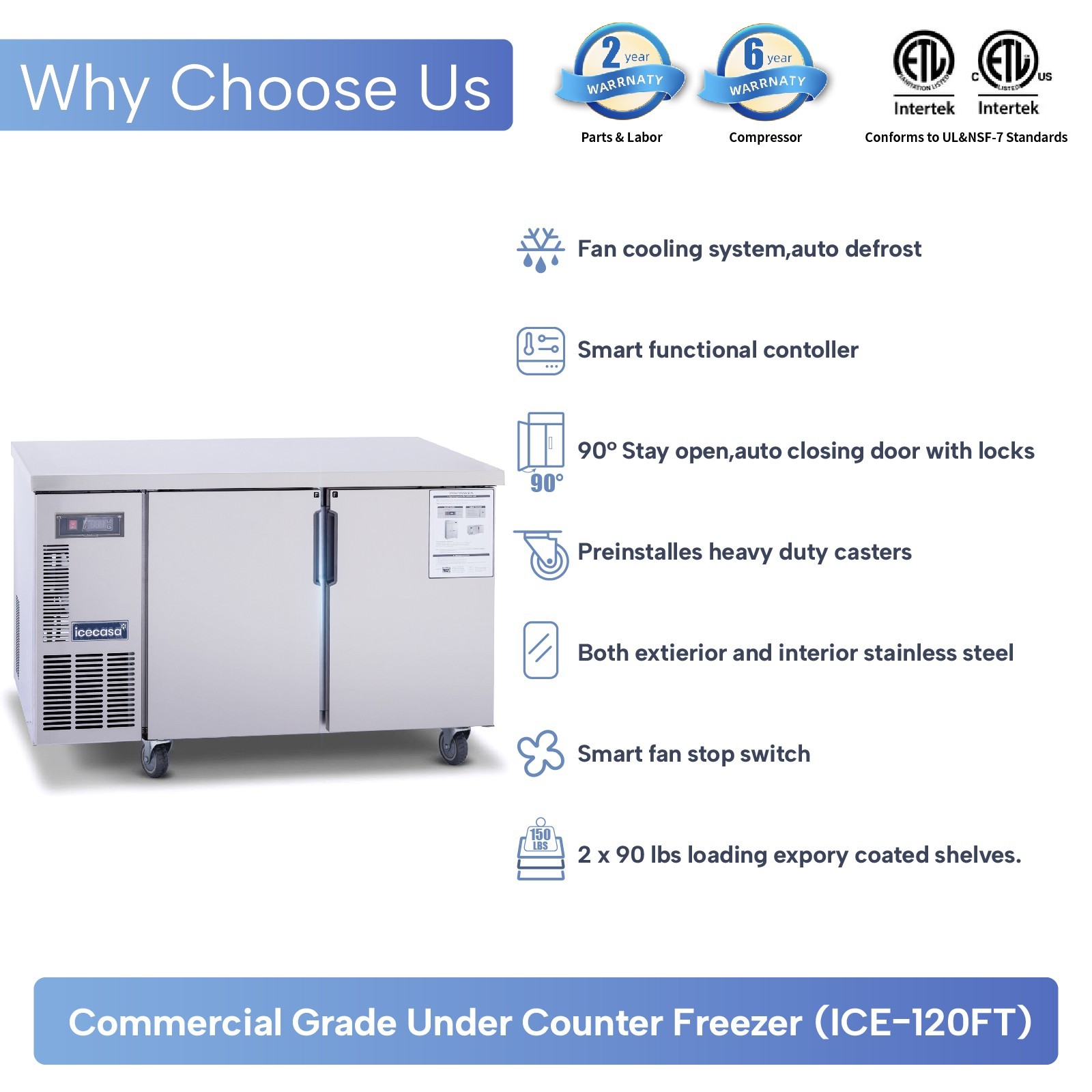ICECASA 48″ Commercial Worktop Freezer Undercounter Stainless Steel Fridge