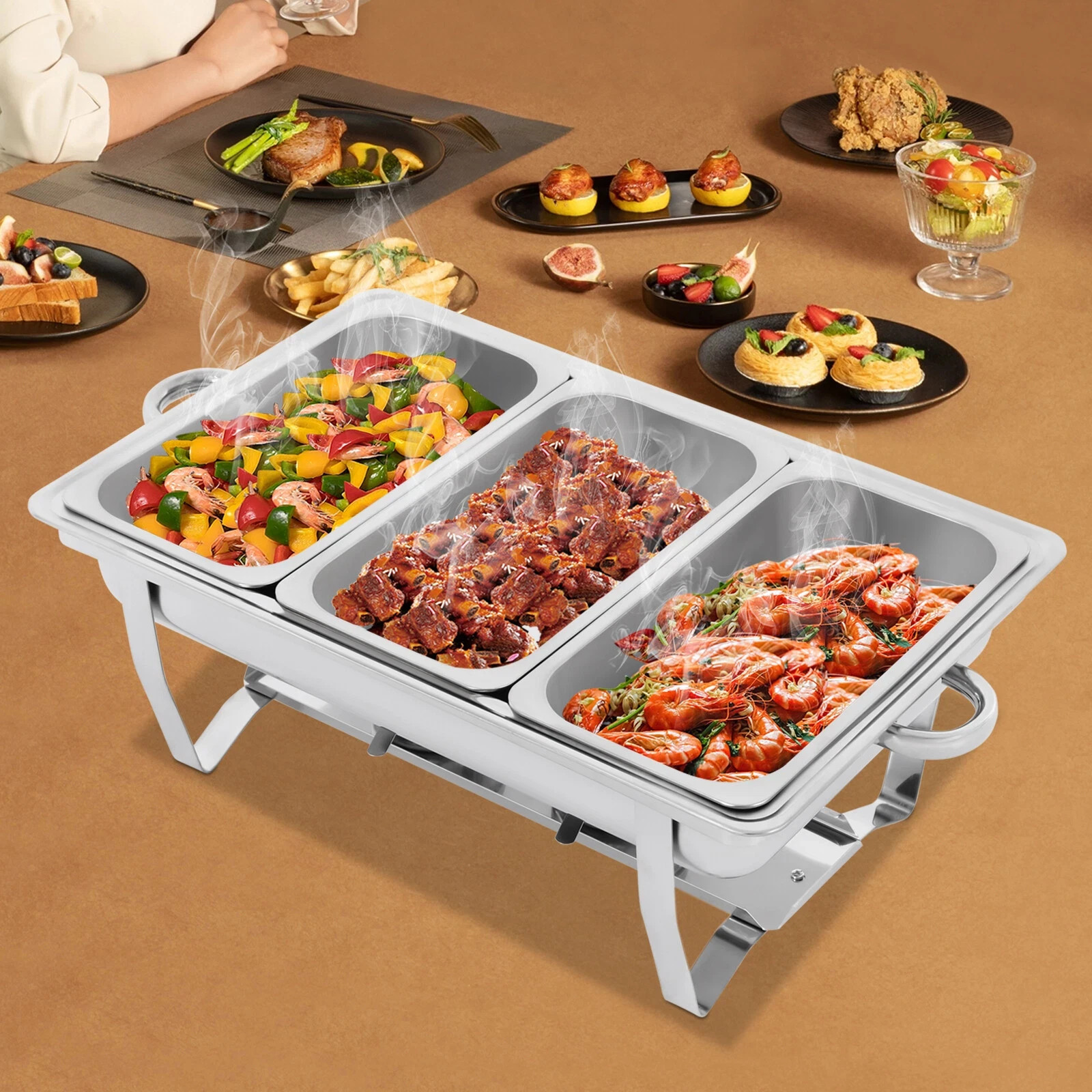 3 Pan Food Warmer Stainless Steel Buffet Set Food Pan Catering Chafer with Lid