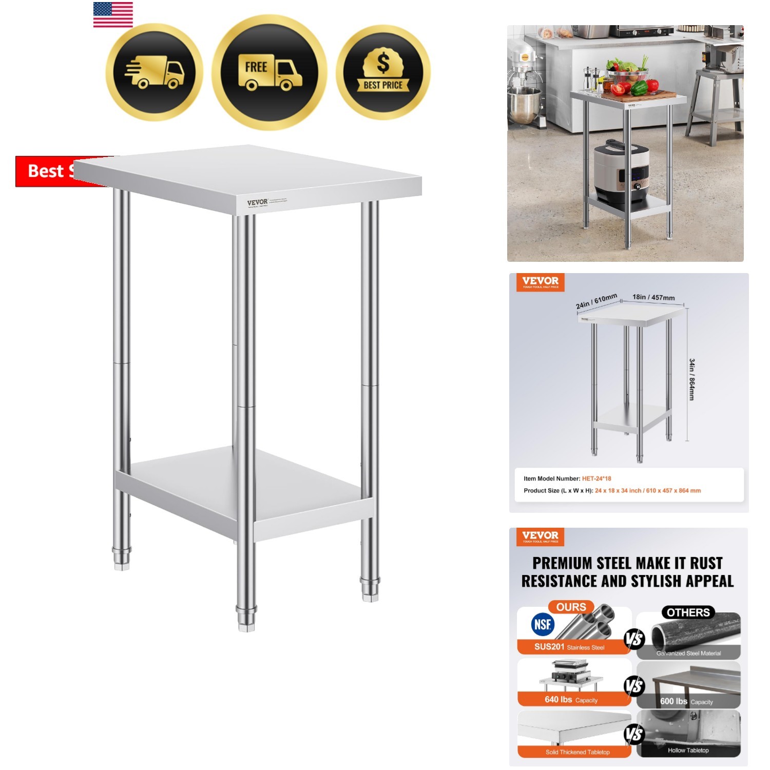 Stainless Steel Prep Table, 24 x 18 x 34 Inch, 640 lbs Load Capacity, Heavy D…