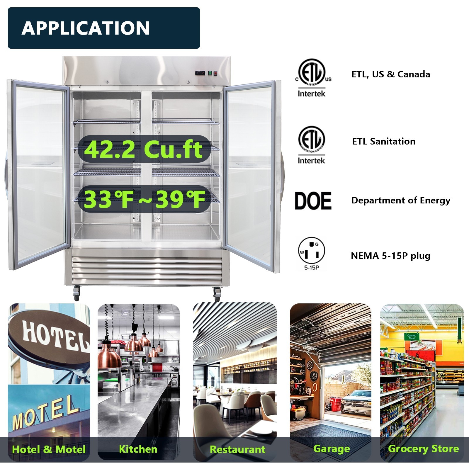 54» W Commercial Display Fridge | 42.2 Cu.ft 2 Glass Door Reach-in Cooler