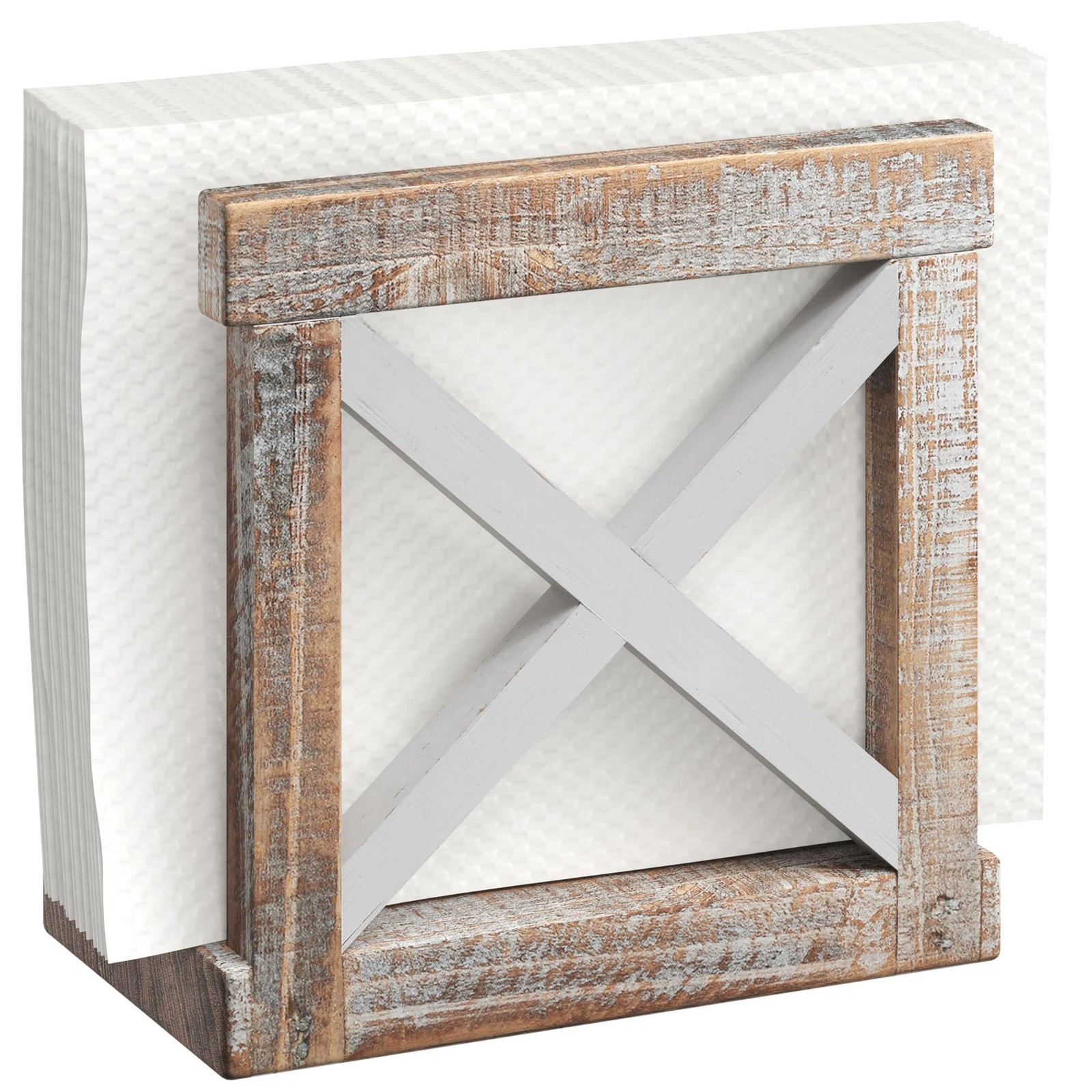 Barnyard Designs Farmhouse Napkin Holder for Table – 5.5″ x 5.5″, White/Brown