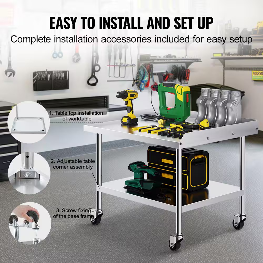 30 X 36 X 30 In. Stainless Steel Work Table, Commercial Food Kitchen Prep Table,