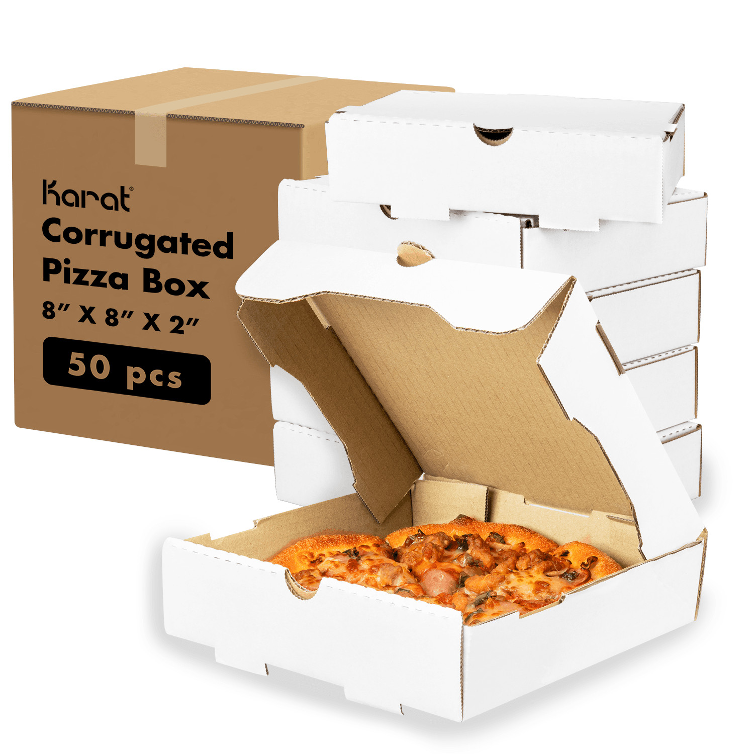 Karat Corrugated Pizza Box, 8»x8»x2», White – 50 pcs, FP-PBF08W