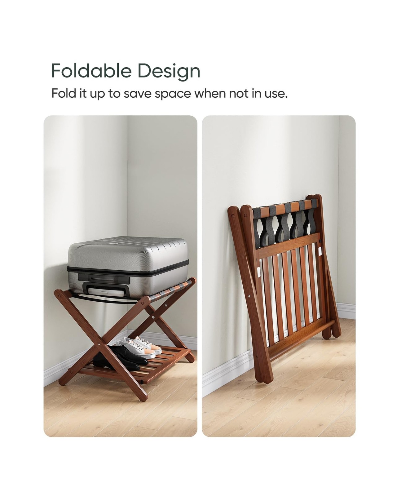 Smart FENDEE Bamboo Luggage Rack Fully Assembled, Walnut Folding Suitcase Sta…