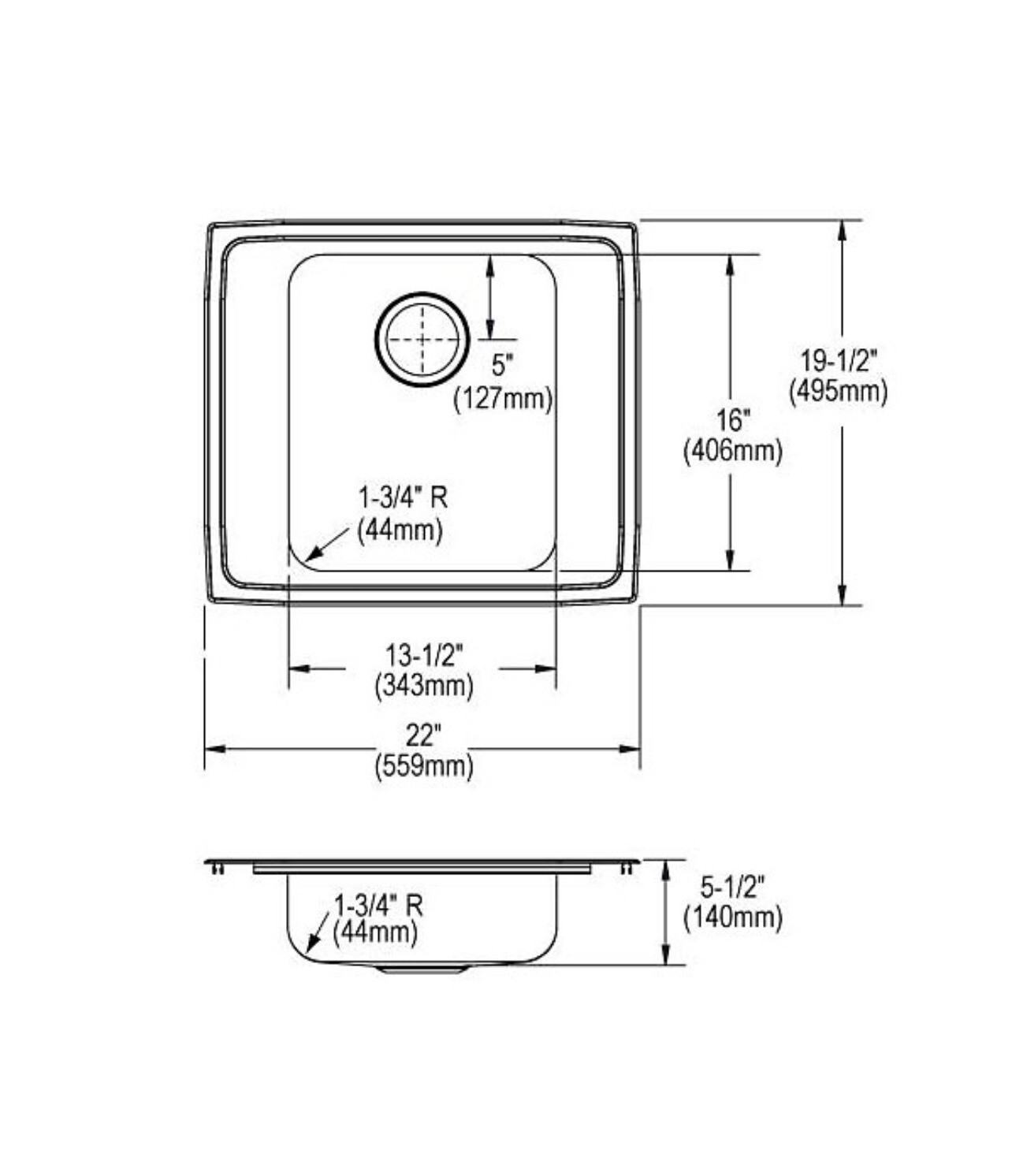 Elkay Lustertone 22″ Single Bowl Top Mount Classroom ADA Sink, 2 Faucet Holes
