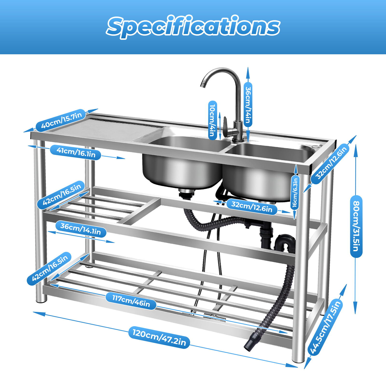 Free Standing Stainless-Steel Double Bowl Kitchen Utility Sink Set w/ Prep Table