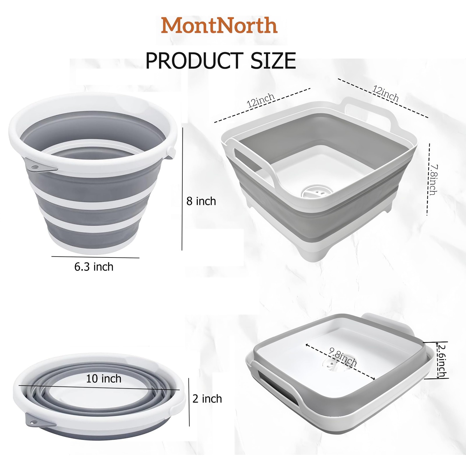 MontNorth Collapsible Basin Bucket,9L 12x12x7.9 inches, Gray – Set of 2