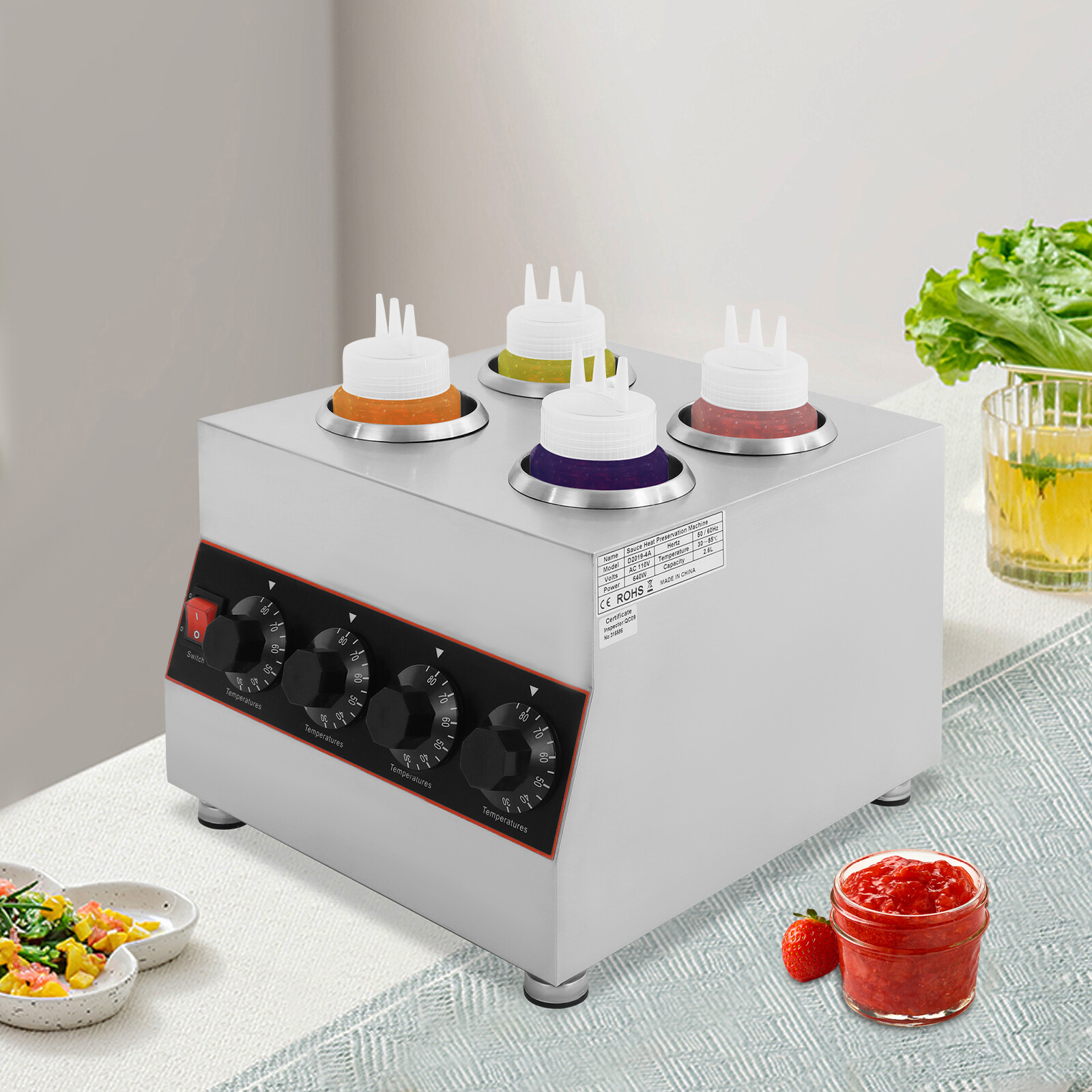 Stainless Steel Electric Sauce Warmer with 4 Pots & Adjustable Temperature