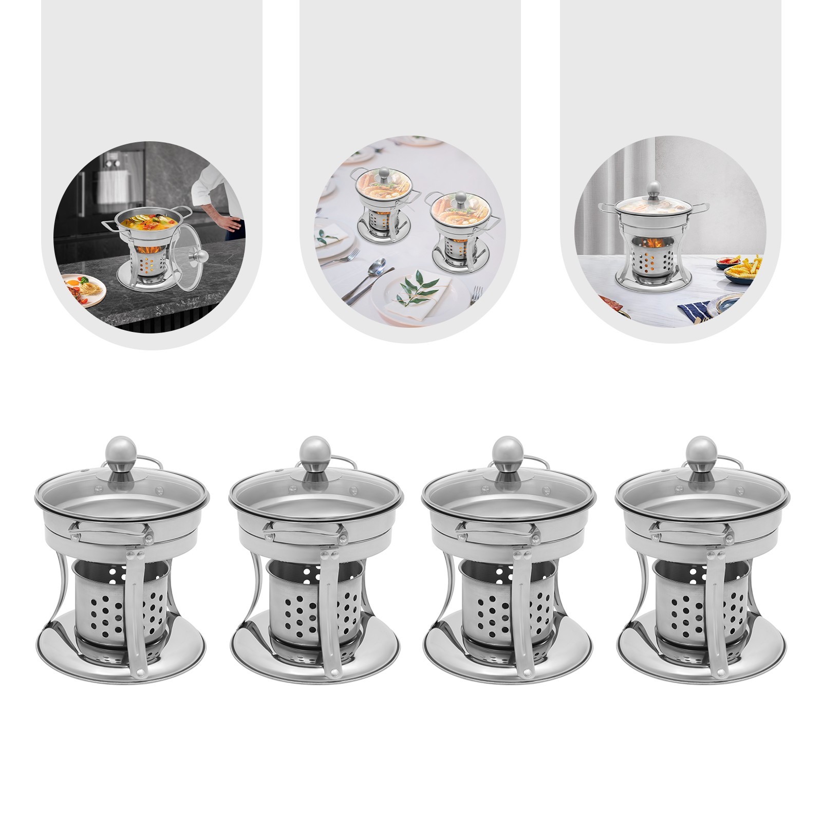 4-Pack 410 Stainless Steel 5L Chafing Dish Set with Glass Lids for Buffet
