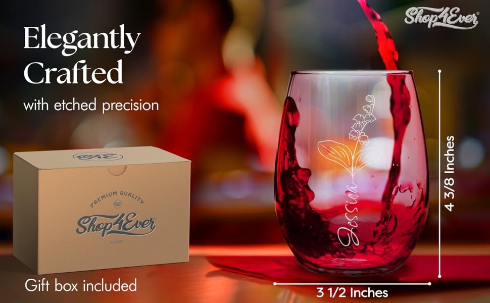 Personalized Birth Flower Stemless Wine Glass – Custom Engraved Name or Monogram
