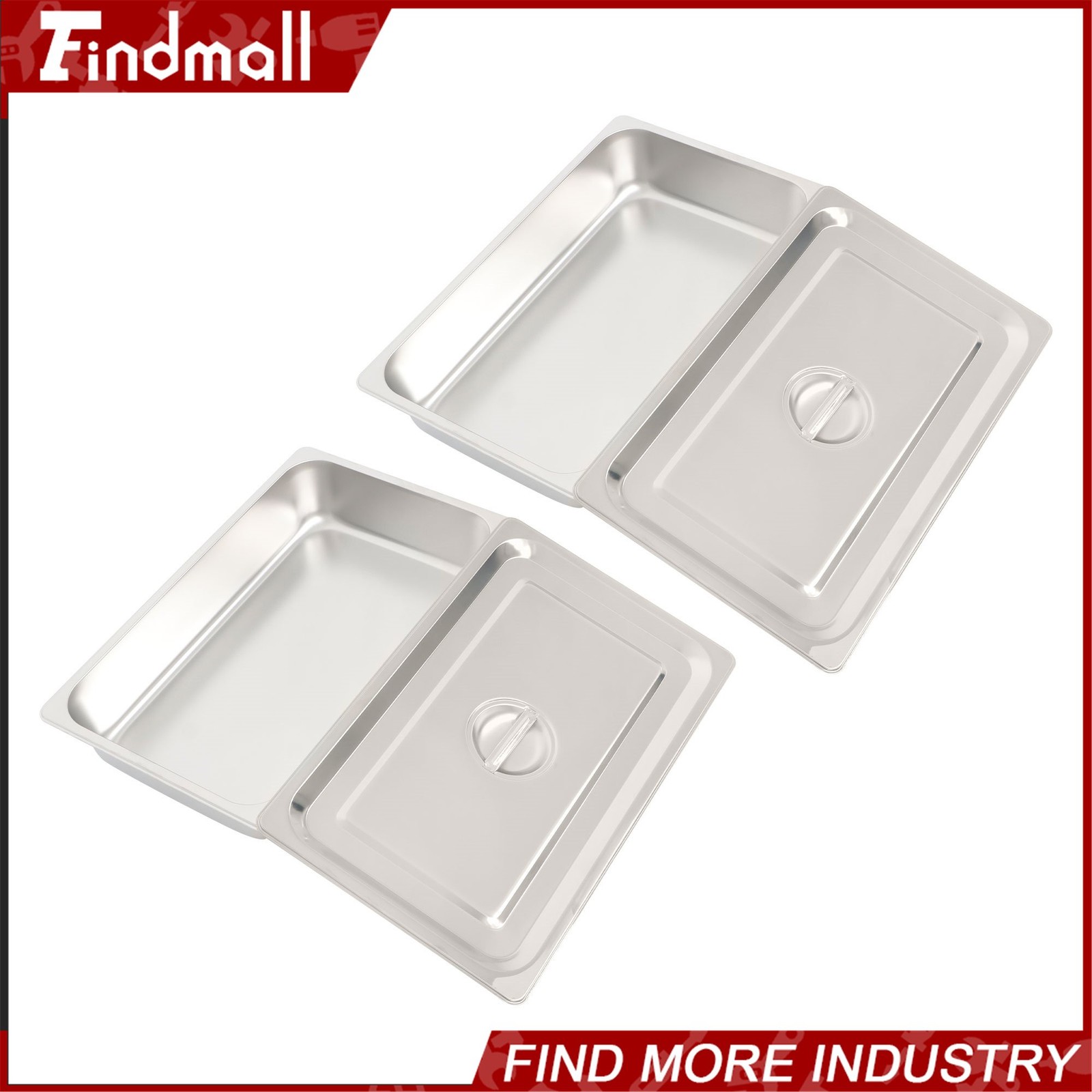 Findmall 2 Pack Stainless Steam Hotel Pan with Lid, 1/1 Size X 4 Inch Deep Steam