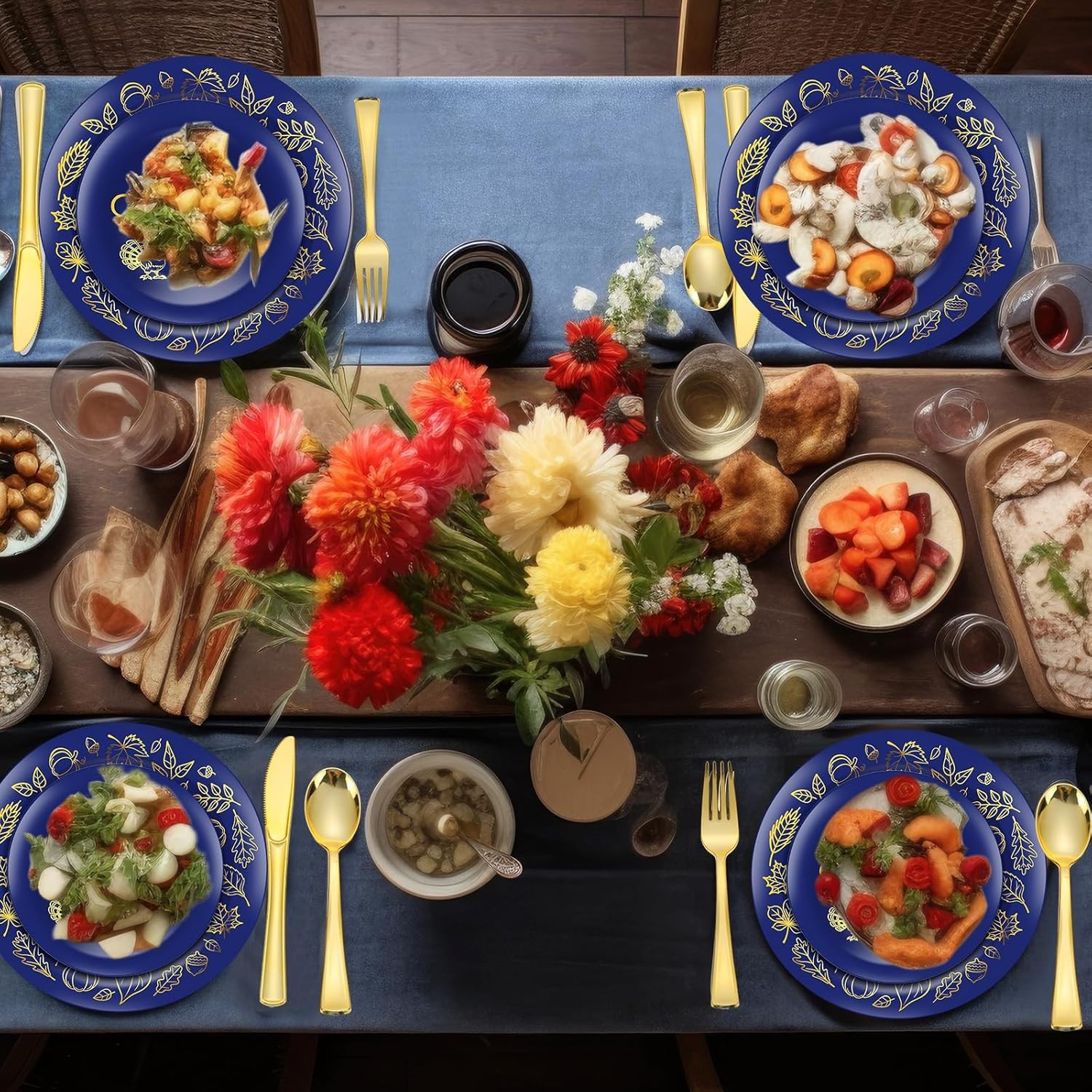 210 Pcs Thanksgiving Dinnerware Sets, Navy Blue Disposable Plates Includes