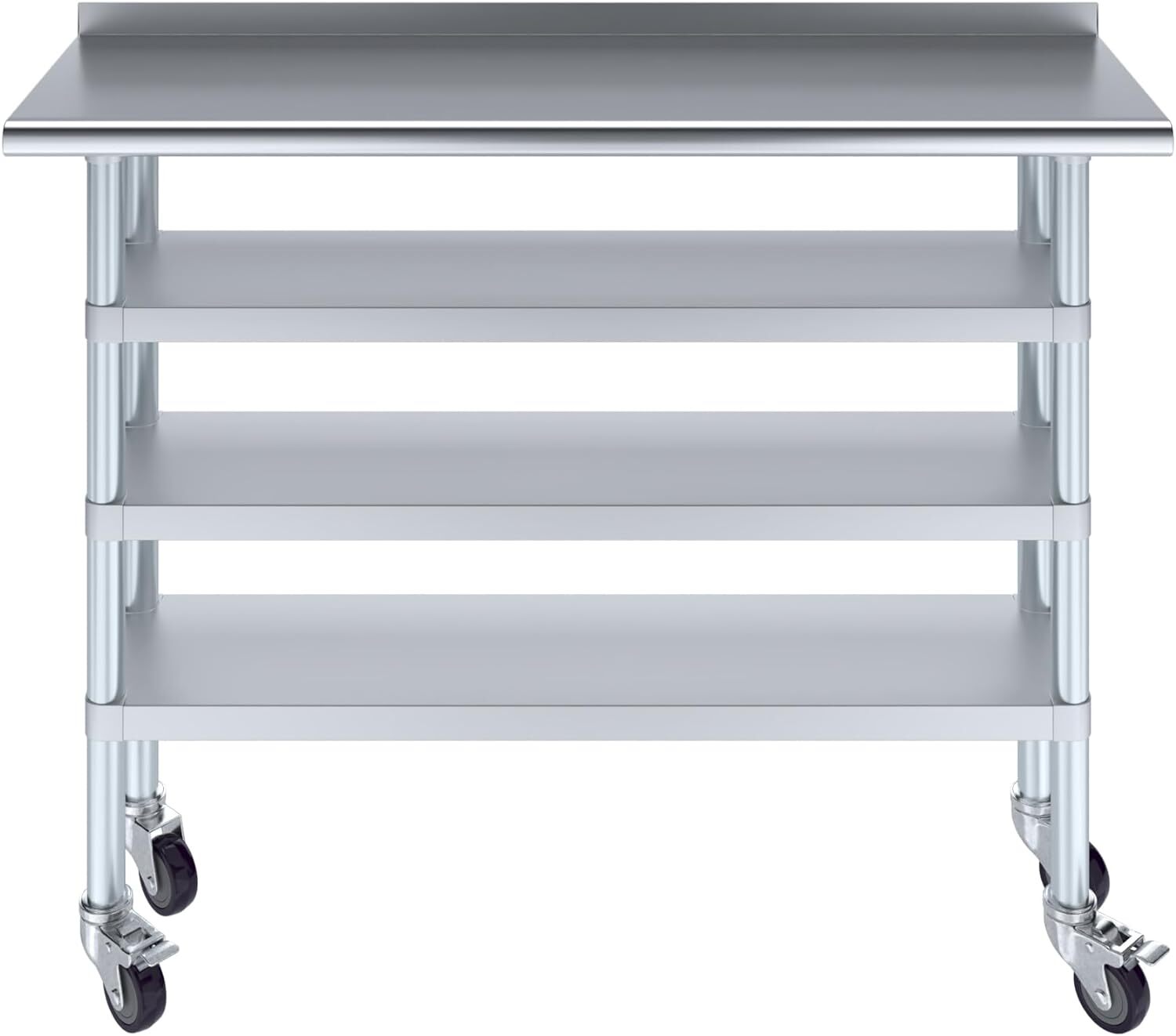 Stainless Steel Metal Work Table with 1.5″ Backsplash and 3 Shelves with Wheels