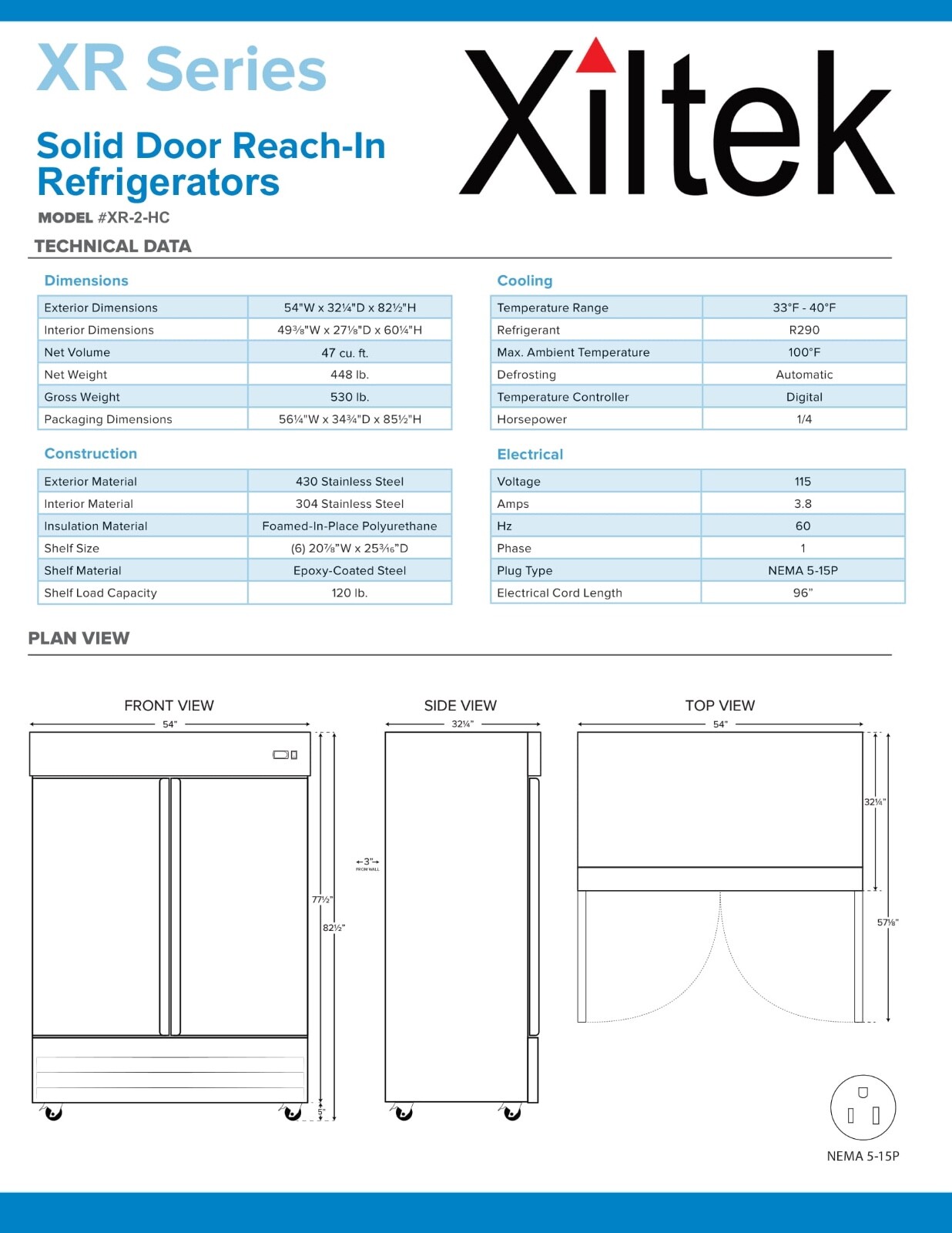 New Xiltek 54″ Commercial Refrigerator All Stainless Steel Reach In Two Section