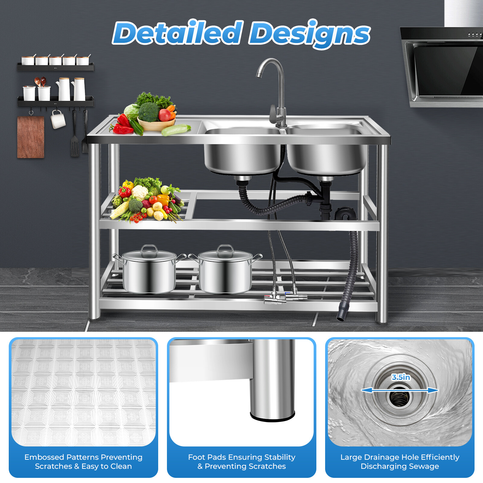Stainless Steel Commercial Sink Kitchen Utility Sink 2 Compartments + Prep Table