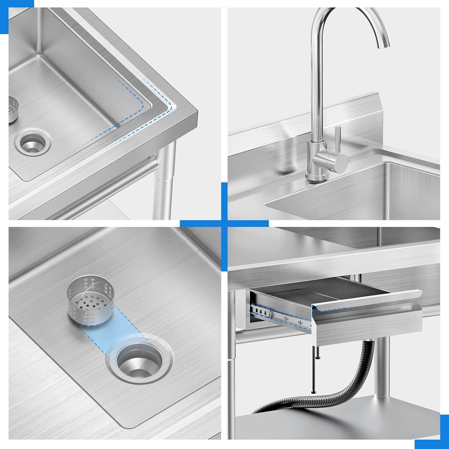 Stainless Steel Freestanding Single Bowl Laundry Sink with Workbench Drawers