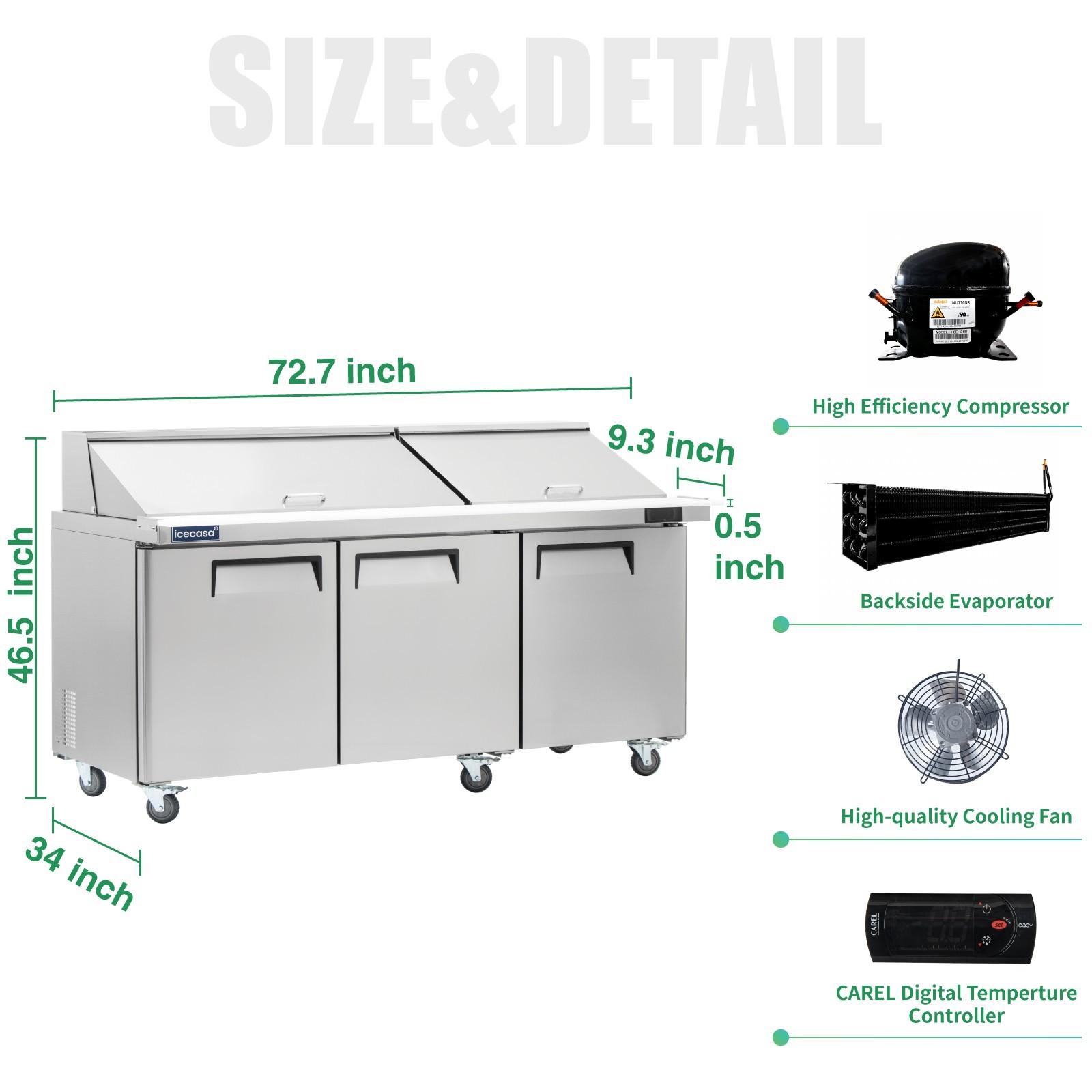 72″ Mega Top Sandwich Prep Table, ICECASA 3 Door Food Bain Marie Cooler, 30 Pans