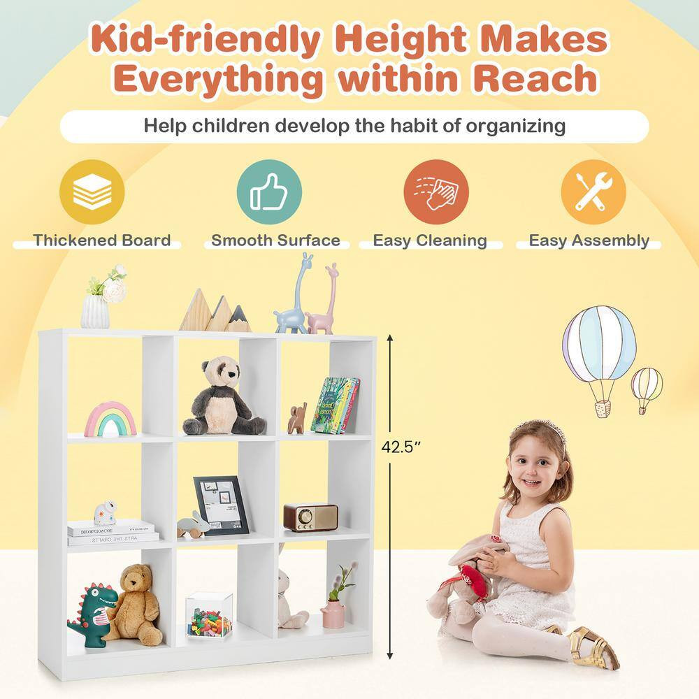 Kids Toy Storage Organizer 13 In. Wide White 9-Cube Kids Bookcase for Books Toys