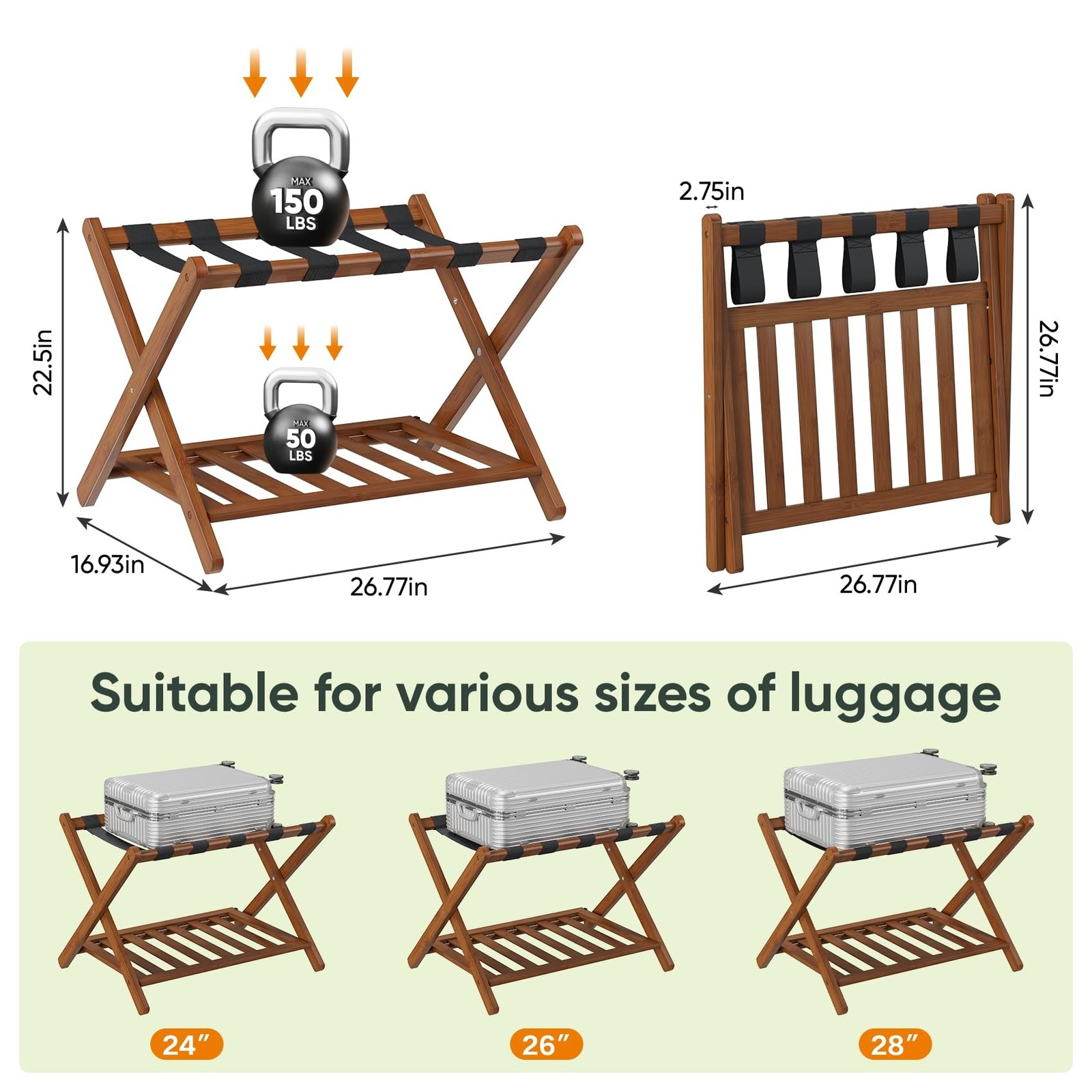 Smart FENDEE Fully Assembled Bamboo Luggage Rack, Walnut Folding Suitcase Sta…
