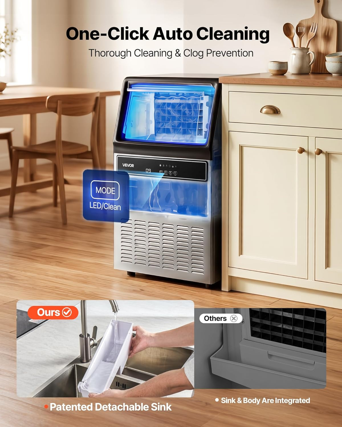 Commercial Ice Maker Machine, 120 Lbs/24H Ice Production, 33 Lbs Storage Bin, 45