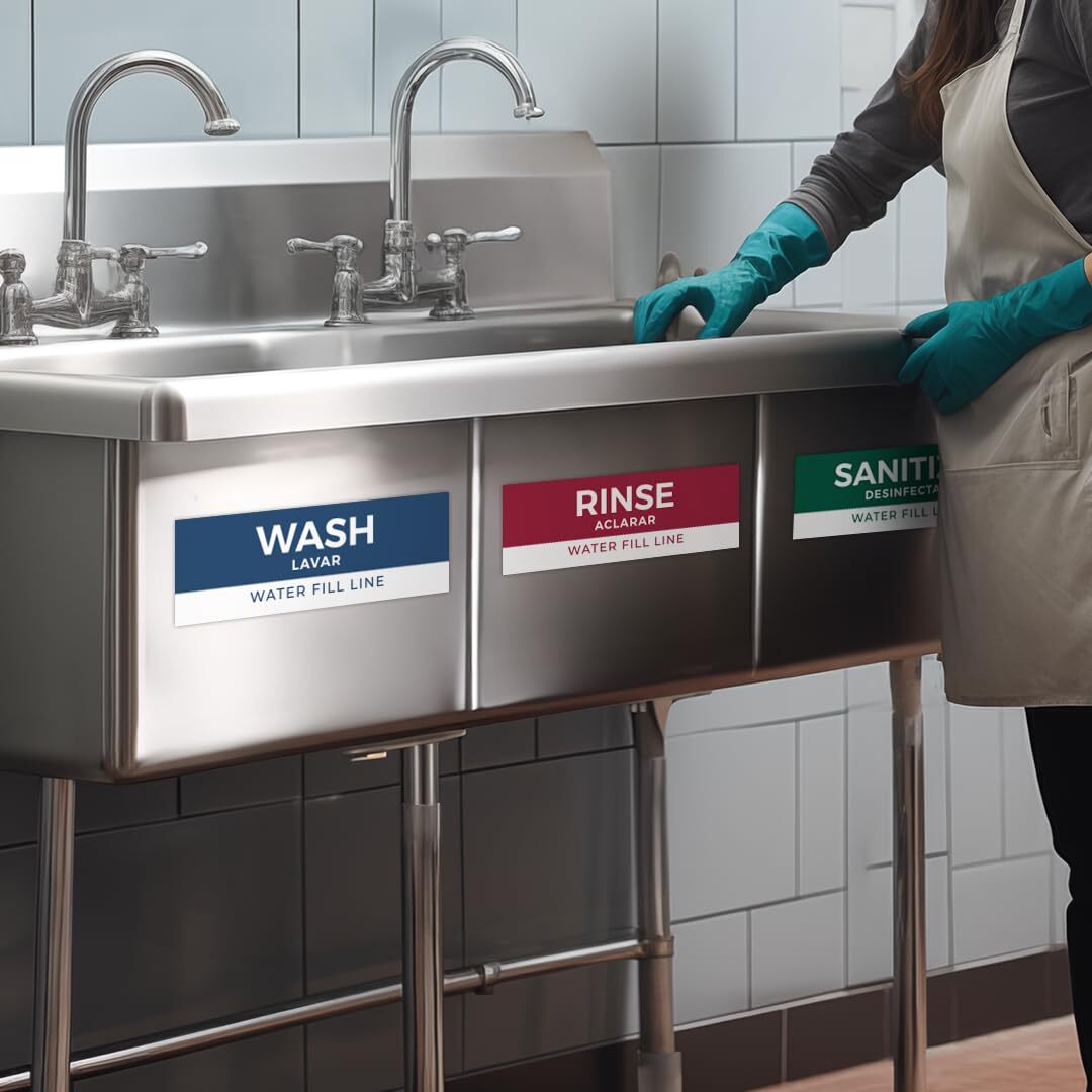 5Pk Wash Rinse Sanitize Kitchen Sink Labels for 3 Compartment Dishwashing Sinks