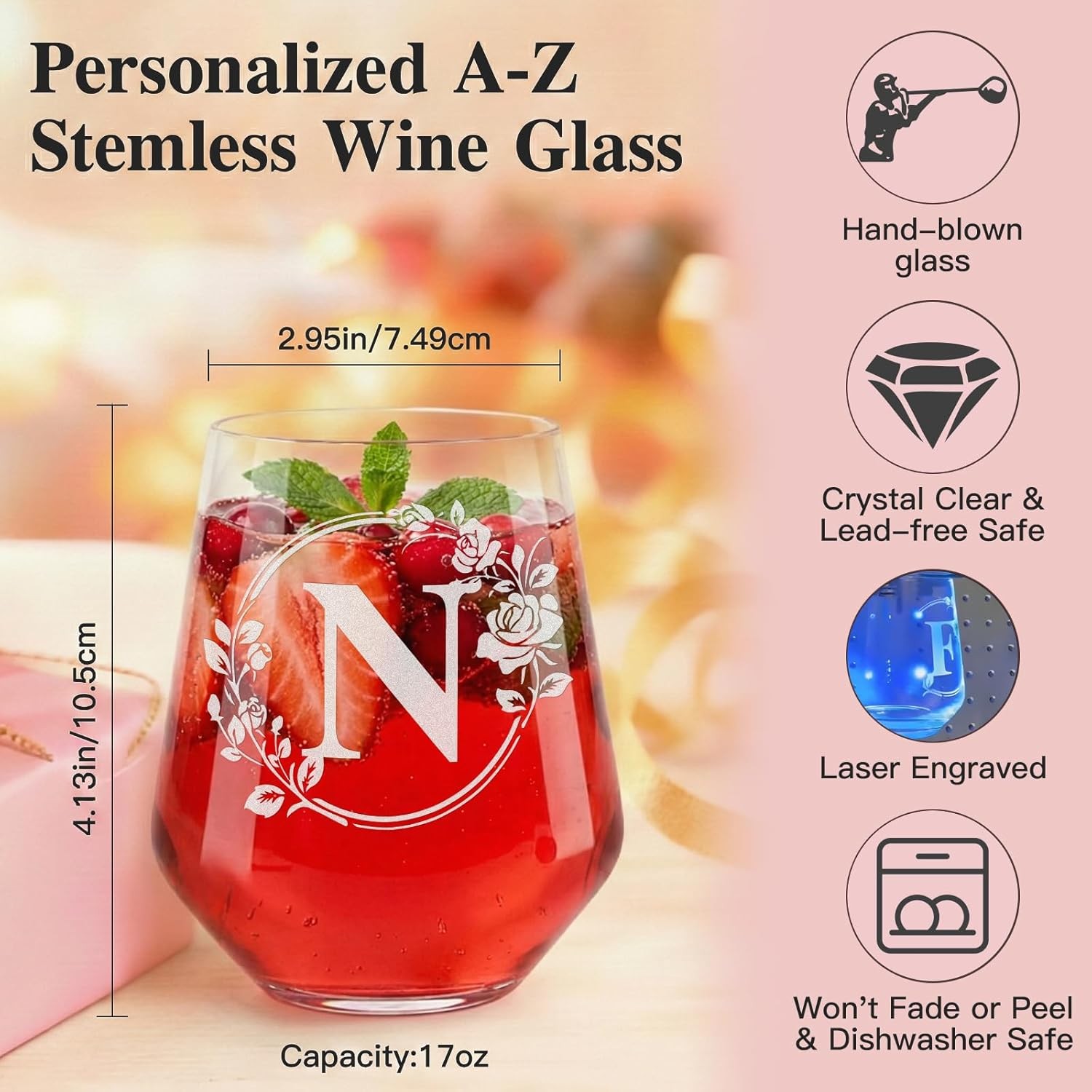 Personalized Stemless Wine Glass – Custom Engraved Monogrammed Initial