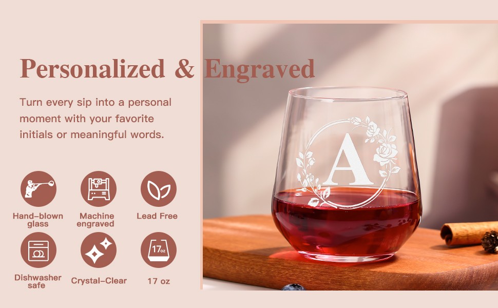 Personalized Stemless Wine Glass – Custom Engraved Monogrammed Initial
