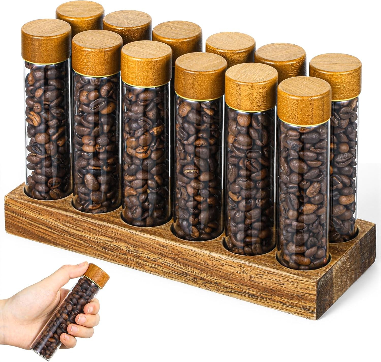 12 Pack Single Dose Coffee Bean Storage Tubes with Wooden Stand, Coffee Bean