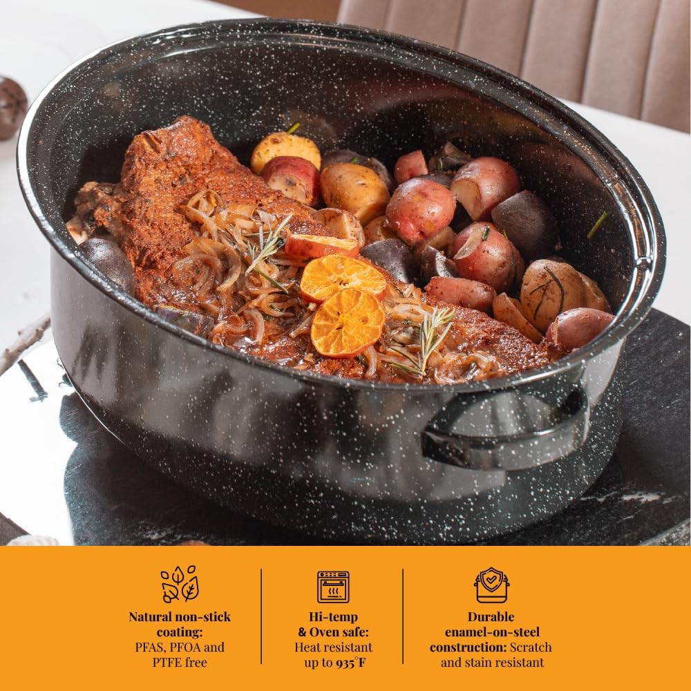 Granite Ware 19 inch oval roaster B- 19 Inch Roaster w/ Lid & Rack, Black