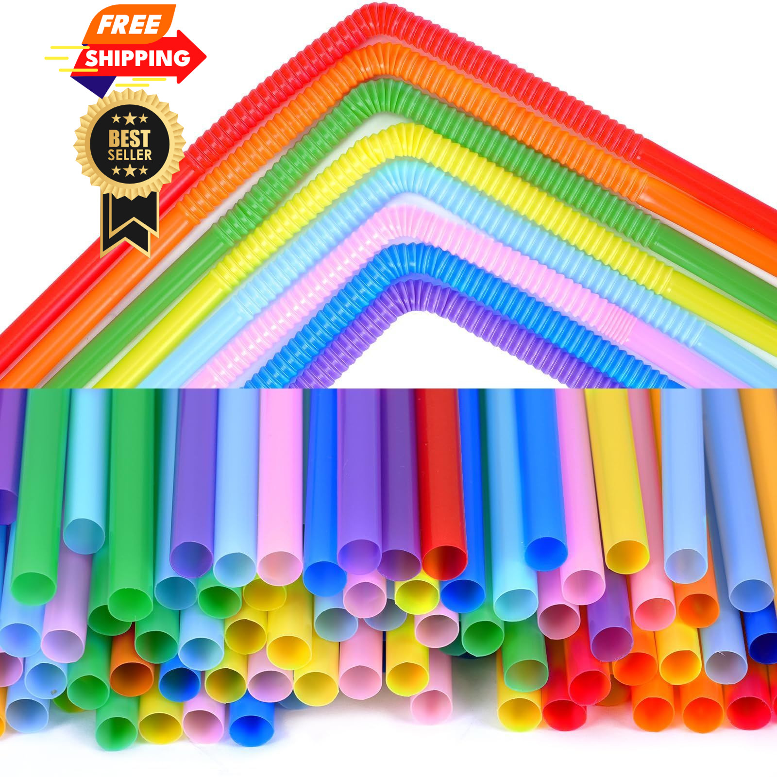 Tomnk 100pcs Disposable Flexible Plastic Straws 10.3inch, Colorful