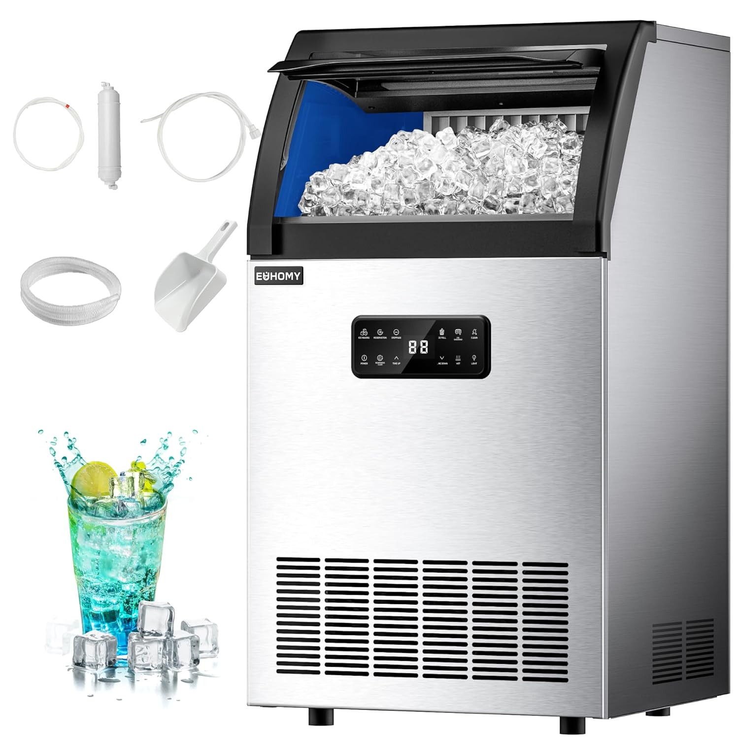 Stainless Steel Commercial Ice Maker, 105Lbs/24H, 33Lbs Storage, Fast Ice Produc