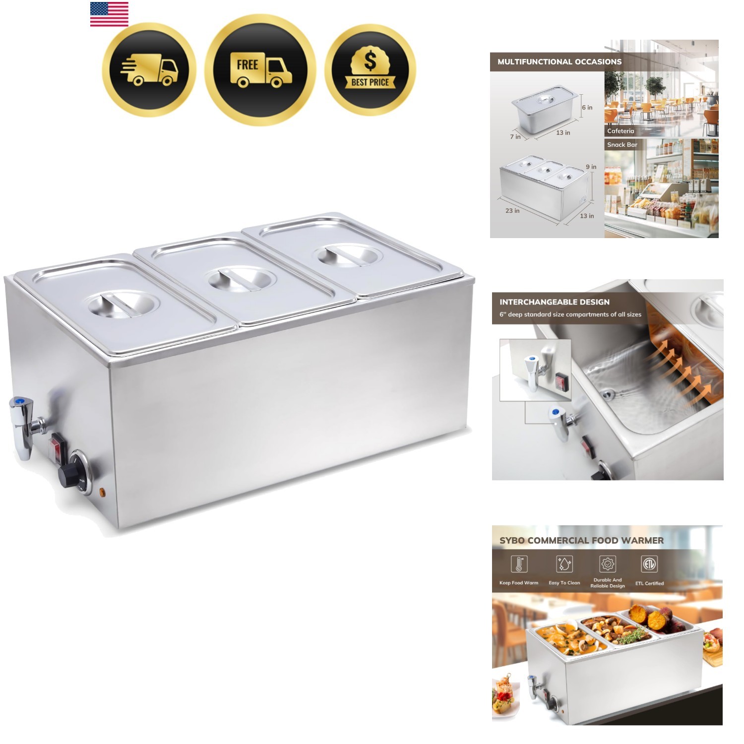 Commercial Grade Stainless Steel Bain Marie Buffet Food Warmer Steam Table fo…