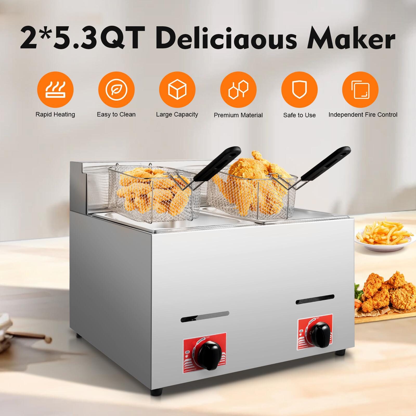 Countertop Gas Fryer w/ 2 Frying Baskets LPG Liquefied Gas Deep Fryer USA
