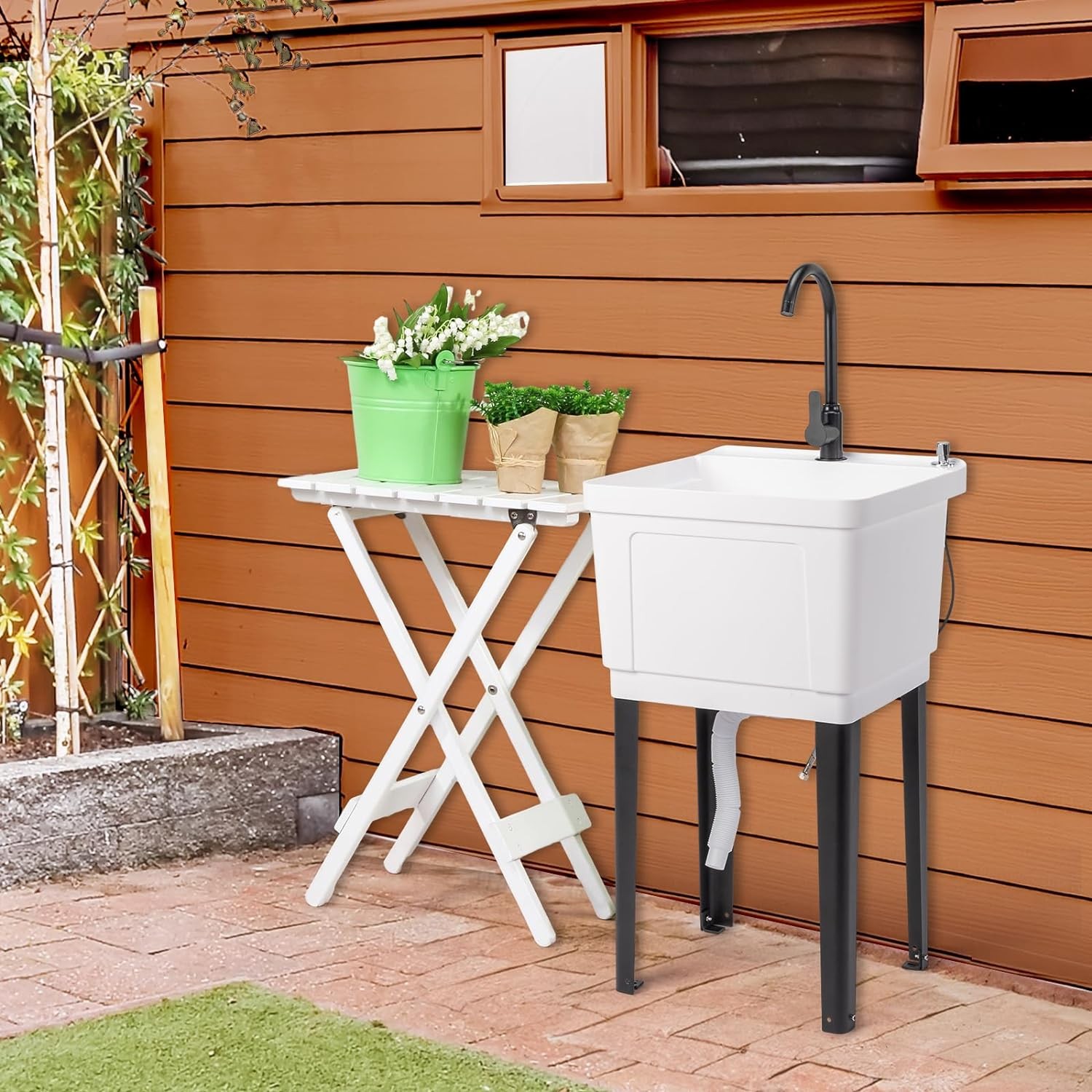In/Outdoor Utility Sink Commercial Sinks with Cold & Hot Faucet for Cleaning Pet
