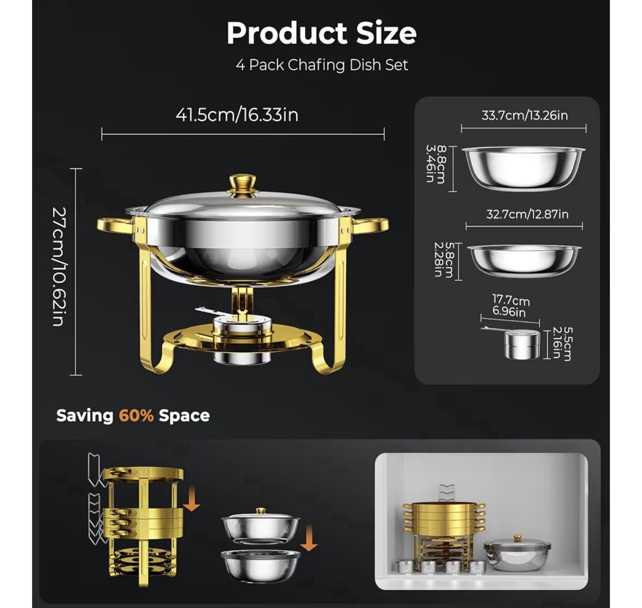 Round Stainless Steel Chafing Dish with Brass Accent Lift-Off Lid