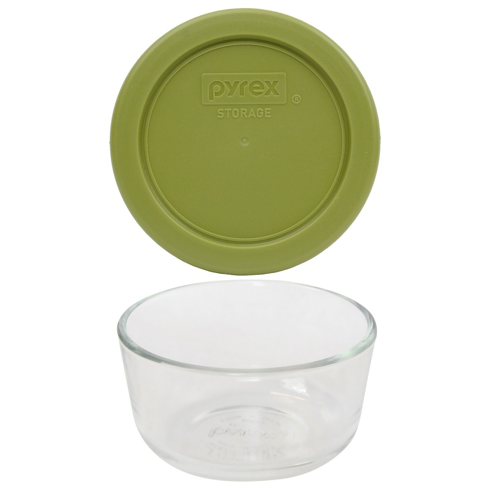 Pyrex (1) 7202 Clear Round Glass Food Storage Bowl & (1) 7202-PC Olive Green Lid