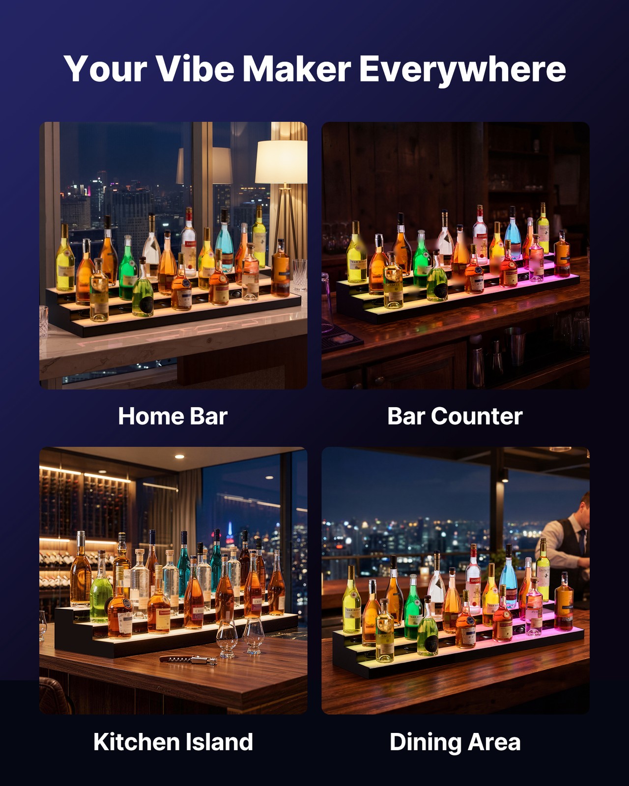 VEVOR LED Lighted Liquor Bottle Display Home Bar Shelf 3 Tiers 48 inches Acrylic