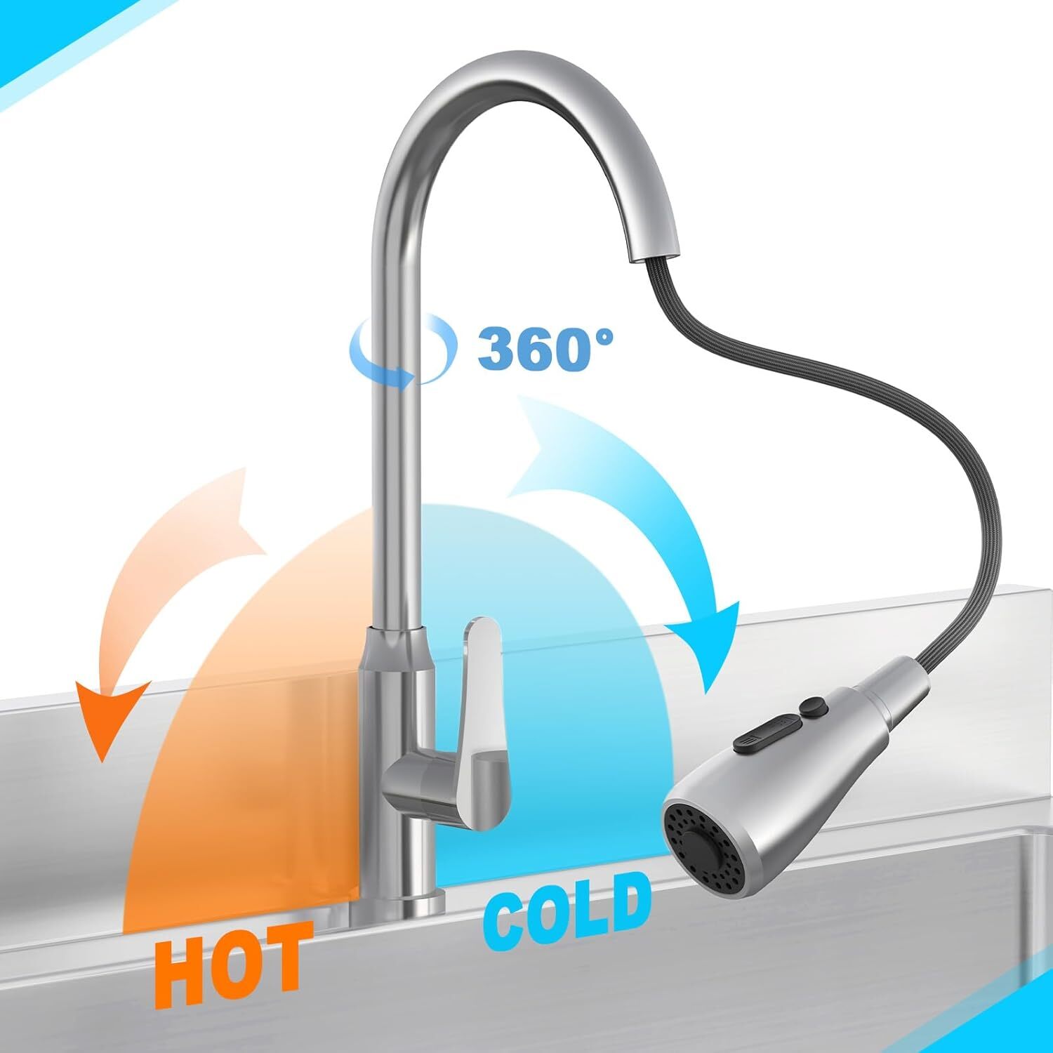 Stainless Steel Sink Free Standing with Pull-Out Faucet for Kitchen Restaurant