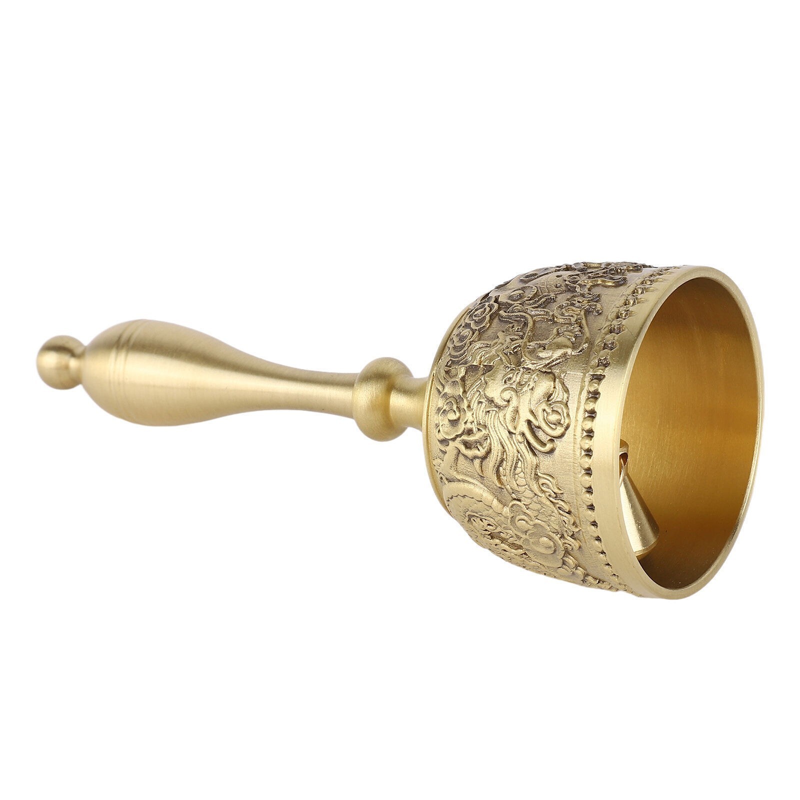 Hand Call Bell 4.7in Long Pure Brass Exquisite Carved Pattern Curved Handle